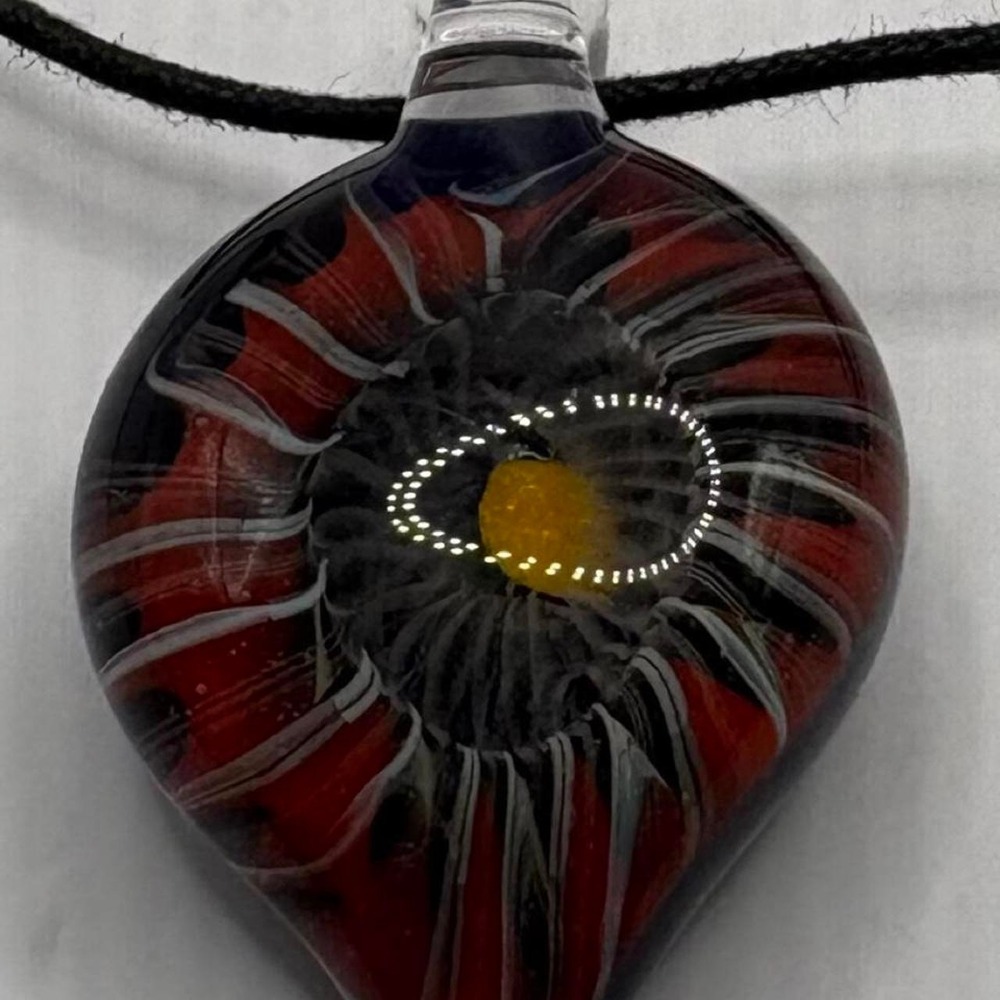 Art Glass Flower Pendant Necklace Red Black Lampwork Y2K Boho Artisan Statement